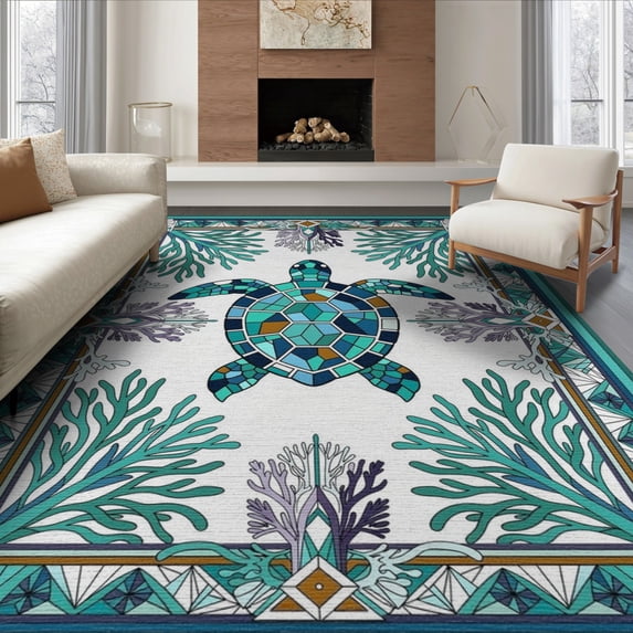 ODIKA Teal Turtle Stained Ocean Entryway Beachy Cherry Blossoms Nautical Flowing for King Size Bedroom, Master Suite, Under Bed, Foldable Easy Care