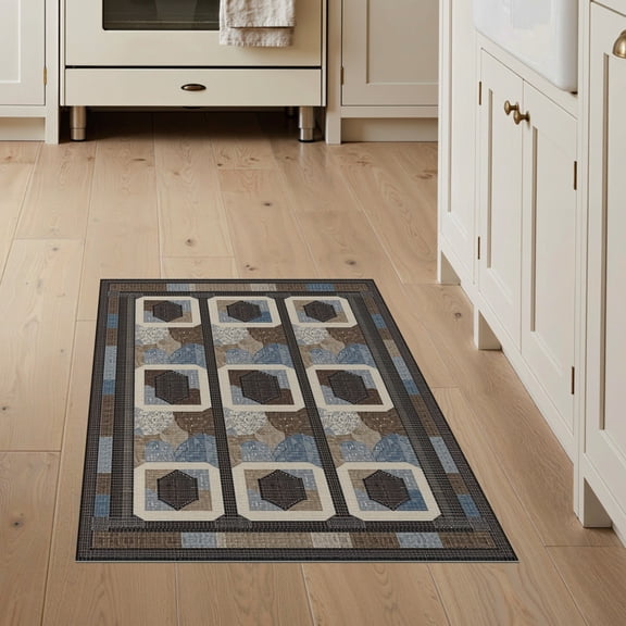 ODIKA Throw Tan Abstract Transitional Interlocking Arcade Motifs Grey for Entryway, Kitchen, Mudroom, Stain Resistant Flatwoven