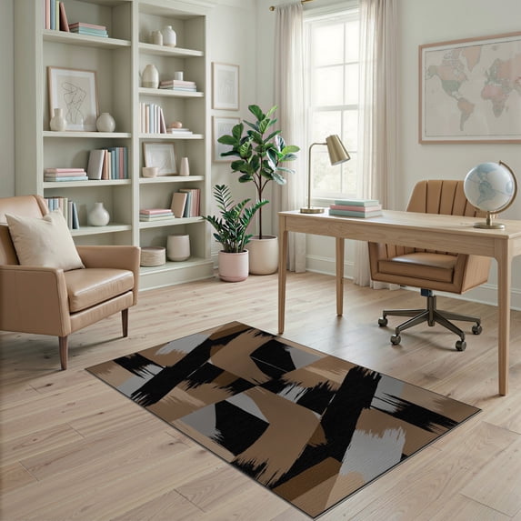 ODIKA Throw Tan Grey Geometric Scattered Contemporary Covering Beige Non-Slip Chair-Friendly for Home Office, Gaming Room, Under Desk