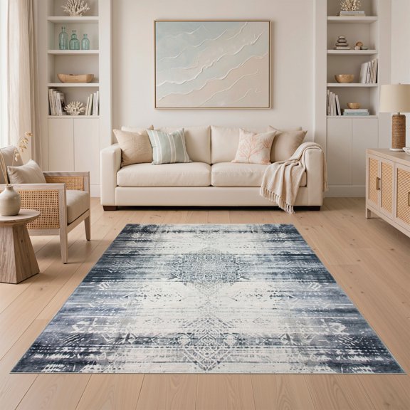 ODIKA Tie Dye Grey Abstract Tonal Bands Vintage Faded Center Neutral Non-Slip Low Profile for Guest Room, Lounge, Apartment
