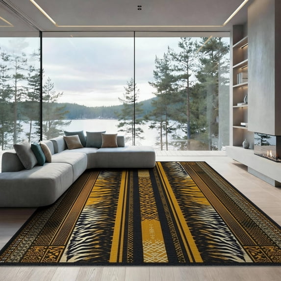 ODIKA Tiger Striped Print Abstract Motif Decorative Skin Tibetan Cow for Great Room, Indoor Open Concept, Large Living Low Profile Flatwoven