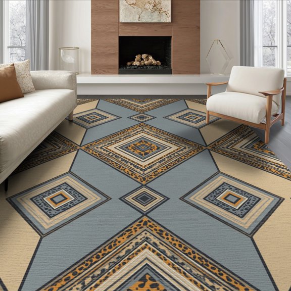 ODIKA Triangular Geometric Cowhide Style Symmetrical Patchwork Floor Covering for King Size Bedroom, Master Suite, Under Bed, Foldable Easy Care