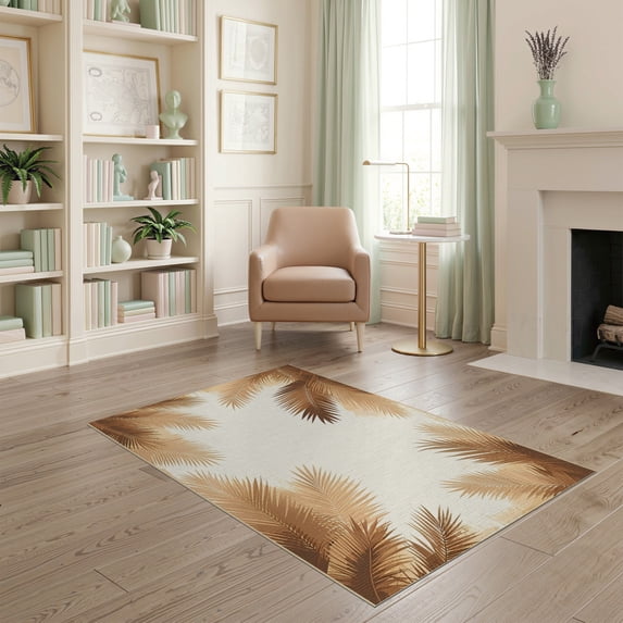 ODIKA Tropical Palm Frond Botanical Symmetrical Motif Border Rectangular for Playroom, Bedroom, Reading Nook, Pet Friendly & Kids Safe Play