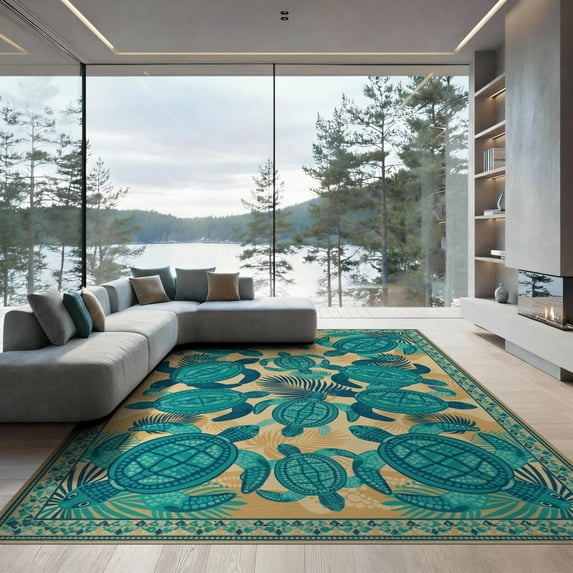 ODIKA Turtle Boho Ocean Mosaic Border Stained Entryway Teal Nautical Flowing Dynamic for Great Room, Indoor Open Concept, Large Living Low Profile Flatwoven