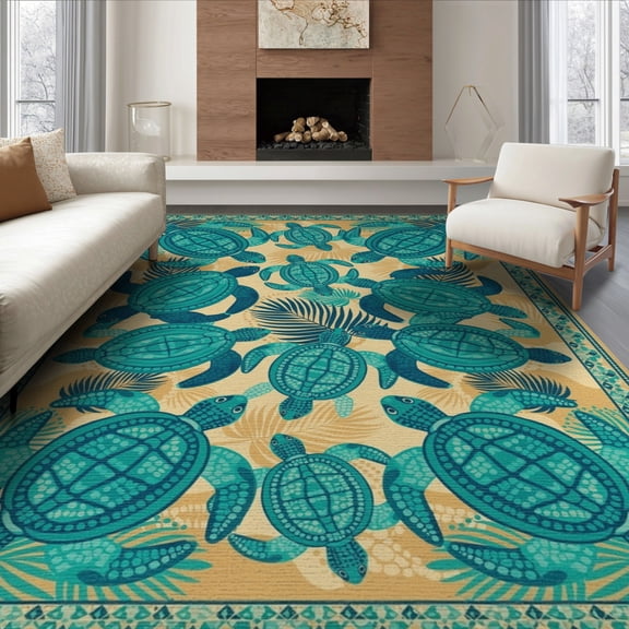 ODIKA Turtle Boho Ocean Mosaic Border Stained Entryway Teal Nautical Flowing Dynamic Non-Slip Chair-Friendly for Dining Room, Large Office, Lounge