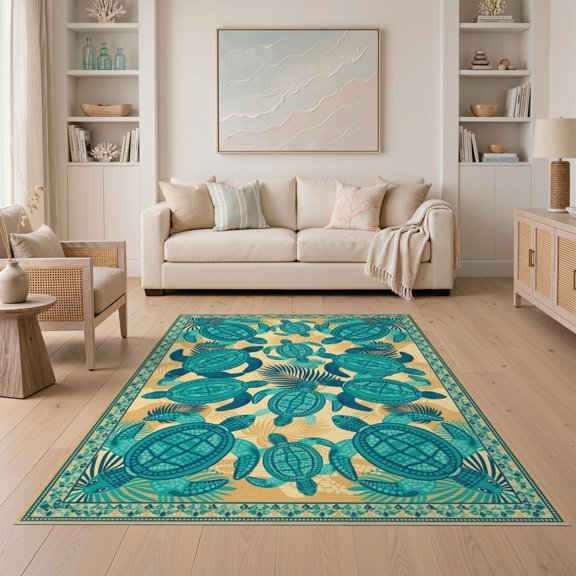ODIKA Turtle Boho Ocean Mosaic Border Stained Entryway Teal Nautical Flowing Dynamic for Guest Room, Lounge, Apartment, Non-Slip Low Profile