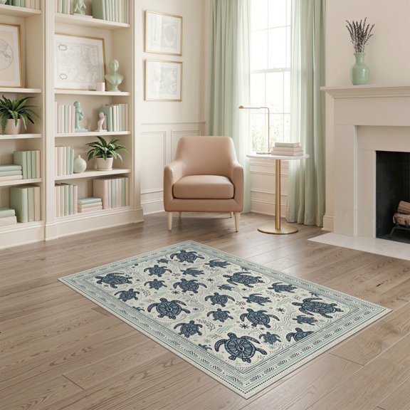 ODIKA Turtle Boho Ocean Nautical Border Motif Scattered Symmetrical Animals Flowing for Home Office, Gaming Room, Under Desk, Non-Slip Chair-Friendly