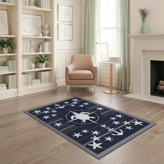 ODIKA Turtle Nautical Compass Motif Ocean Border Scattered Animals Flowing Dynamic Non-Slip Chair-Friendly for Home Office, Gaming Room, Under Desk