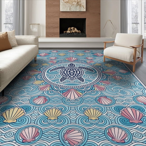 ODIKA Turtle Nautical Ocean Border Motif Scattered Symmetrical Animals Flowing Dynamic Non-Slip Chair-Friendly Floor for Dining Room, Under Table, Office