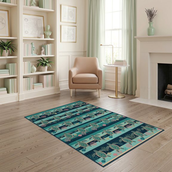 ODIKA Turtle Ocean Banded Stained Entryway Teal Beachy Cherry Nautical Flowing Non-Slip Chair-Friendly for Home Office, Gaming Room, Under Desk