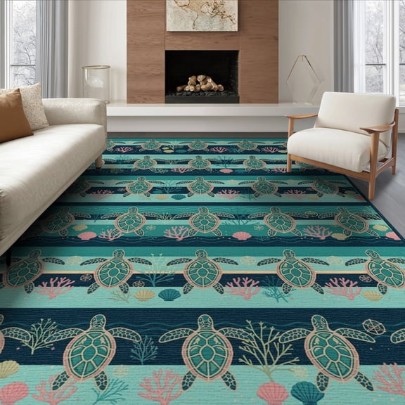 ODIKA Turtle Ocean Banded Stained Entryway Teal Beachy Cherry Nautical Flowing for Dining Room, Large Office, Lounge, Non-Slip Chair-Friendly
