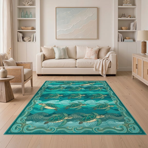 ODIKA Turtle Ocean Mosaic Wave Stained Entryway Teal Beachy Nautical Flowing Dynamic Non-Slip Low Profile for Guest Room, Lounge, Apartment