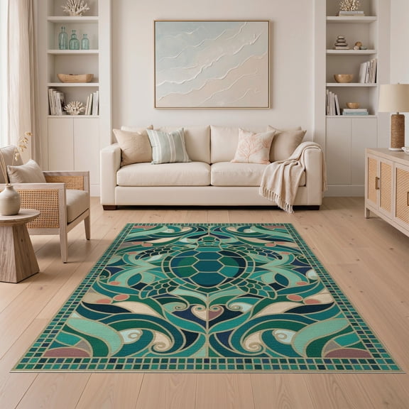 ODIKA Turtle Stained Mosaic Ocean Border Entryway Teal Beachy Nautical Flowing Dynamic Non-Slip Chair-Friendly for Dining Room, Under Table, Home Office