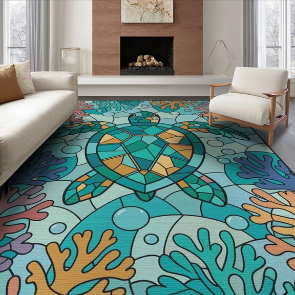 ODIKA Turtle Stained Ocean Entryway Teal Beachy Cherry Blossoms Nautical Flowing Non-Slip Chair-Friendly for Dining Room, Large Office, Lounge