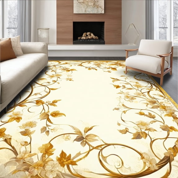 Ultra Soft Area Rug, Golden Swirl With Abstract Botanical Ornaments And Filigree, Non Slip, Stain Resistant, Washable Area Rugs for Living Room, Bedroom(Beige, 2X3)