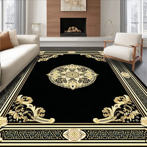 Ultra Soft Area Rug, Machine Black Gold Medallion, Non Slip, Stain Resistant, Washable Area Rugs for Living Room, Bedroom(Black, 2X3)