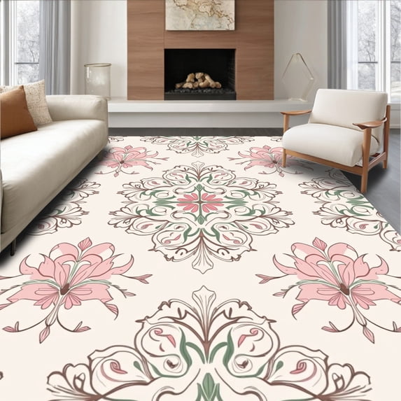 ODIKA 2x3 Machine Washable Non-Slip Area Rug, Refined Baroque Floral Arrangement with Curving Petal and Leaf Details Ultra Soft Rug, None, 537386