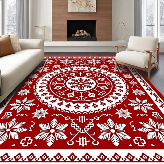 ODIKA 3x5 Machine Washable Non-Slip Area Rug, Festive Snowflake Medallion with Interlocking Nordic Stars Ultra Soft Rug, None, 613354