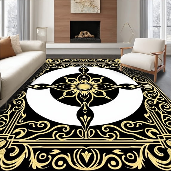 ODIKA 3x5 Machine Washable Non-Slip Area Rug, Intricate Showcasing Gold Filigree and Flowing Vinework Arrangement Ultra Soft Rug, None, 665795