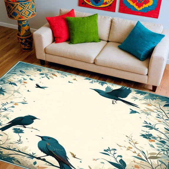 Ultra Soft Area Rug, Feathered Flight Bird And Botanical, Non Slip, Stain Resistant, Washable Area Rugs for Living Room, Bedroom(Teal, 3X5)