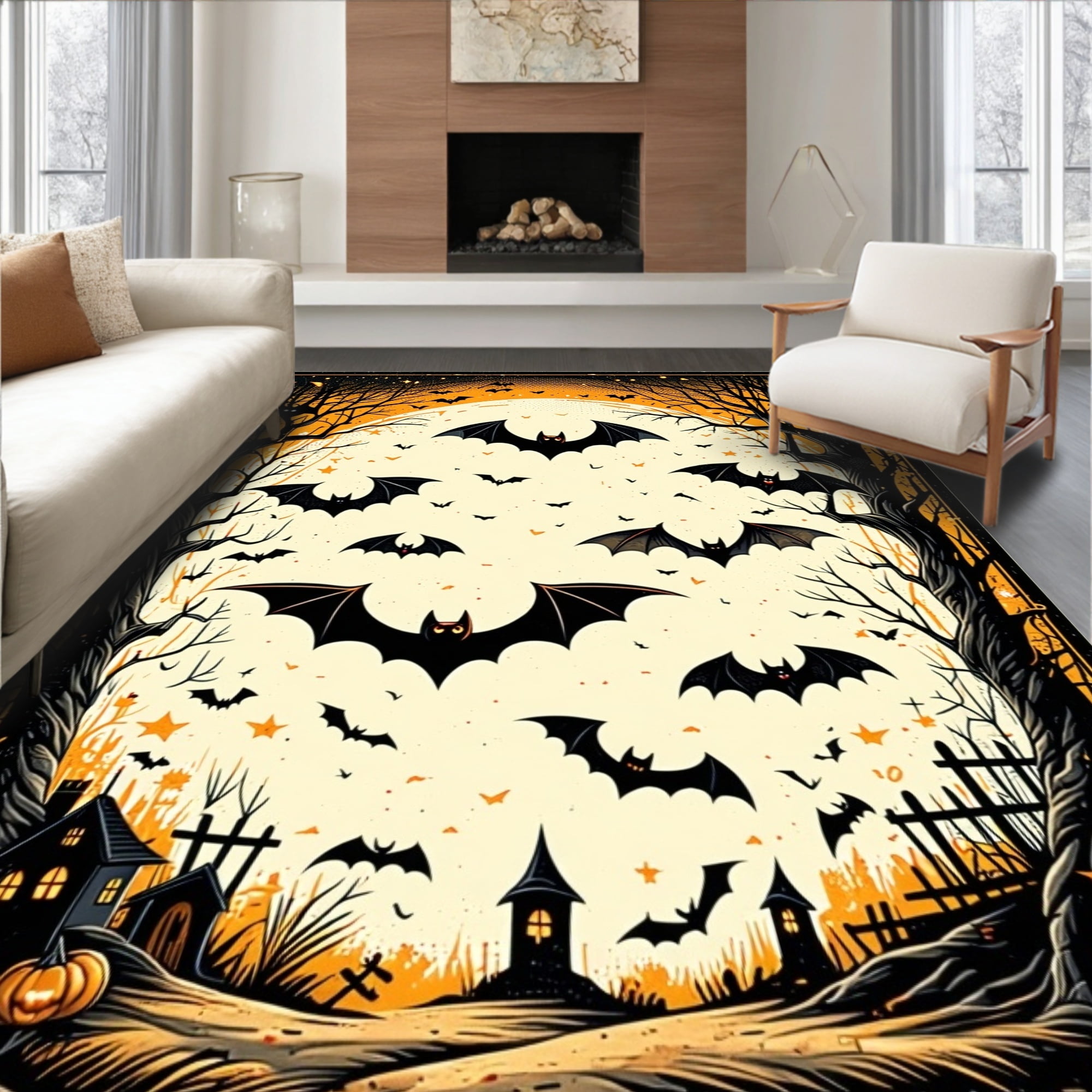 Ultra Soft Area Rug, Eerie Vintage Bat Silhouette, Non Slip, Stain ...
