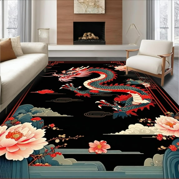 Ultra Soft Area Rug, Elegant Floral Dragon Aesthetic, Non Slip, Stain Resistant, Washable Area Rugs for Living Room, Bedroom(Black, 3X5)