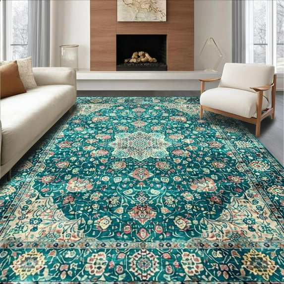 ODIKA Ultra Soft Area Rug 3x5, Non Slip, Stain Resistant, Washable Area Rugs for Living Room, Bedroom, Vintage Teal Medallion Aesthetic (Teal, 3x5)