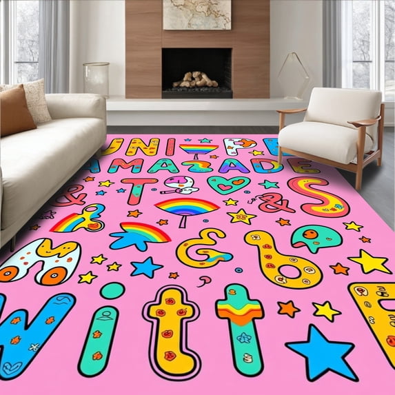 ODIKA 3x5 Machine Washable Non-Slip Area Rug, Whimsical Alphabet Parade With Playful Characters And Dancing Letters Ultra Soft Rug, None, 692701