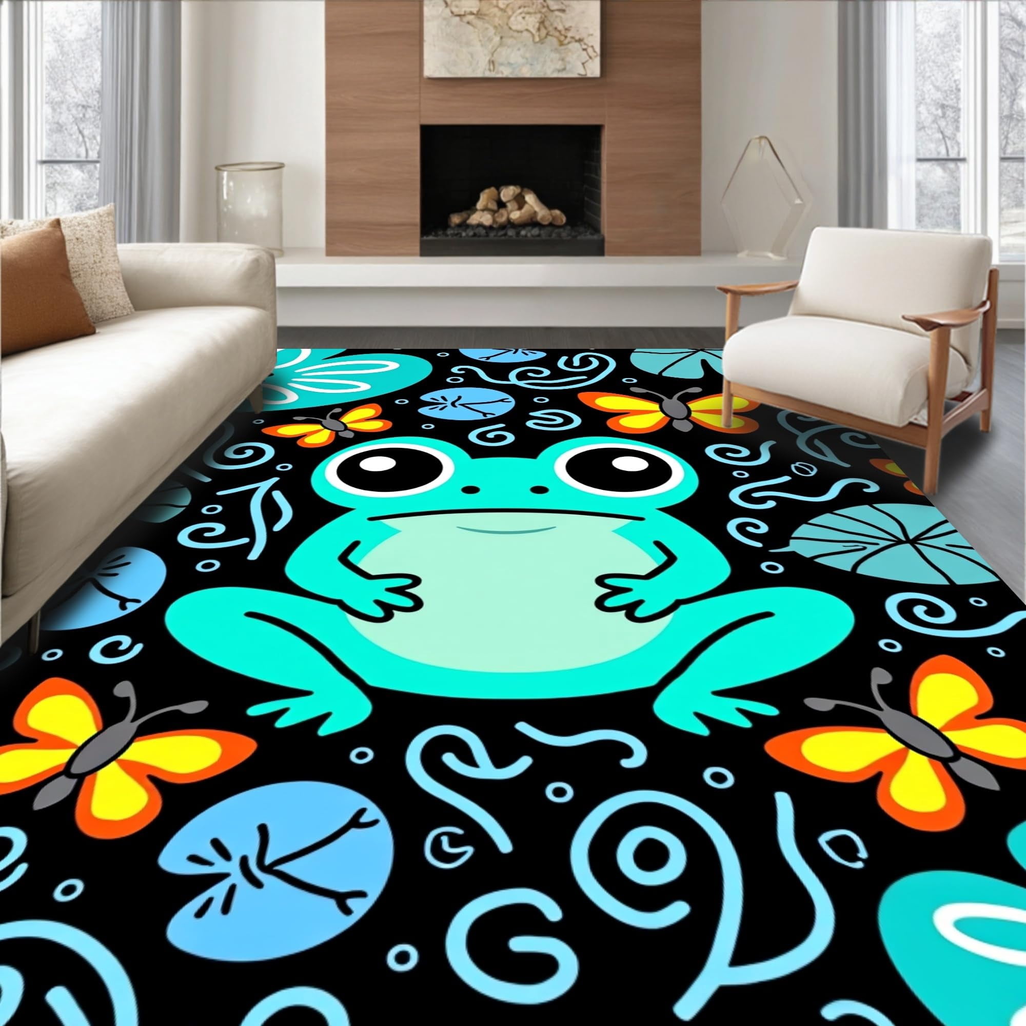 Modern Whimsy Area Rug ODIKA Ultra Soft Area Rug 3x5, Whimsical Pond Hopper Amid Fluttering ...