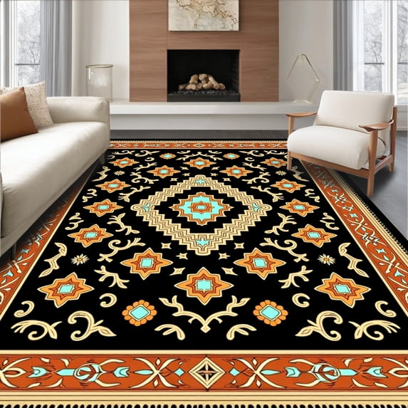 ODIKA 4x6 Machine Washable Non-Slip Area Rug, Boho Chic Interlocking Motif with Rustic Ornamental Details Ultra Soft Rug, None, 553368