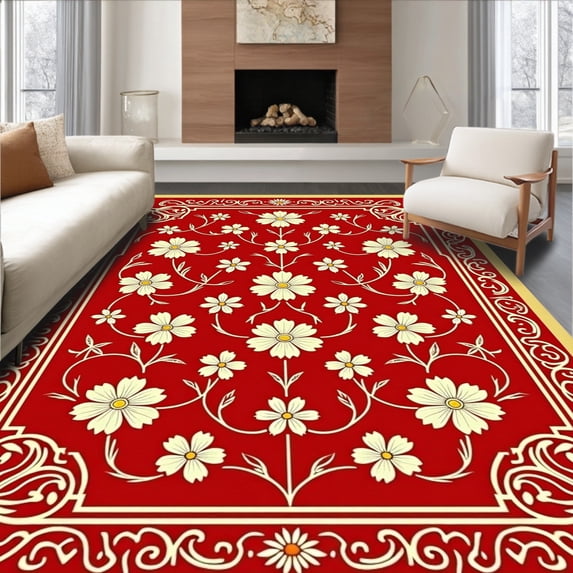 ODIKA 4x6 Machine Washable Non-Slip Area Rug, Classic Scrollwork Design with Delicate Camellia Blooms and Interwoven Stems Ultra Soft Rug, None, 534270