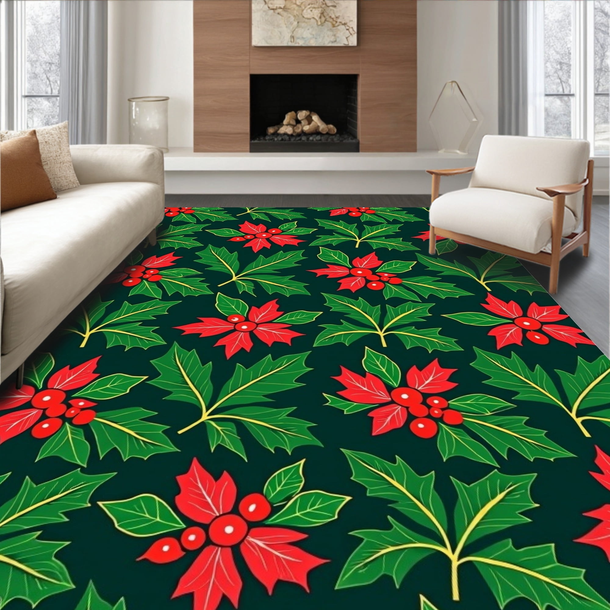 Ultra Soft Area Rug, Festive Holly Leaves Berries Christmas Evergreen ...