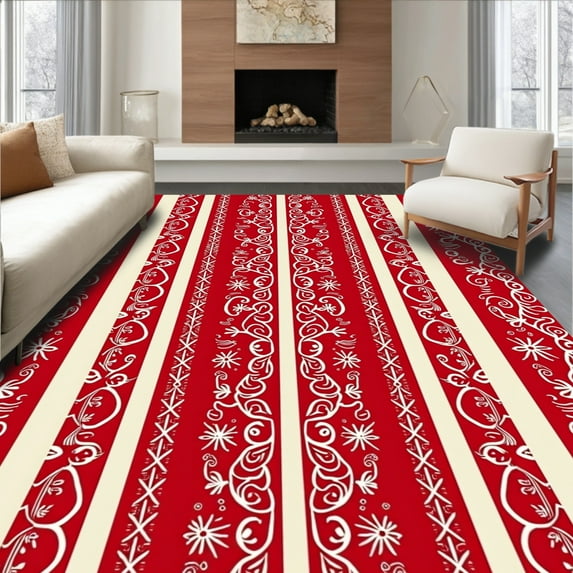 Ultra Soft Area Rug, Festive Striped Swirling Stars Christmas Elegance, Non Slip, Stain Resistant, Washable Area Rugs for Living Room, Bedroom(Red, 4X6)