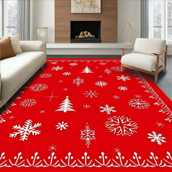 Ultra Soft Area Rug, Festive Snowflake Christmas Trees and Stars, Non Slip, Stain Resistant, Washable Area Rugs for Living Room, Bedroom(Red, 4X6)