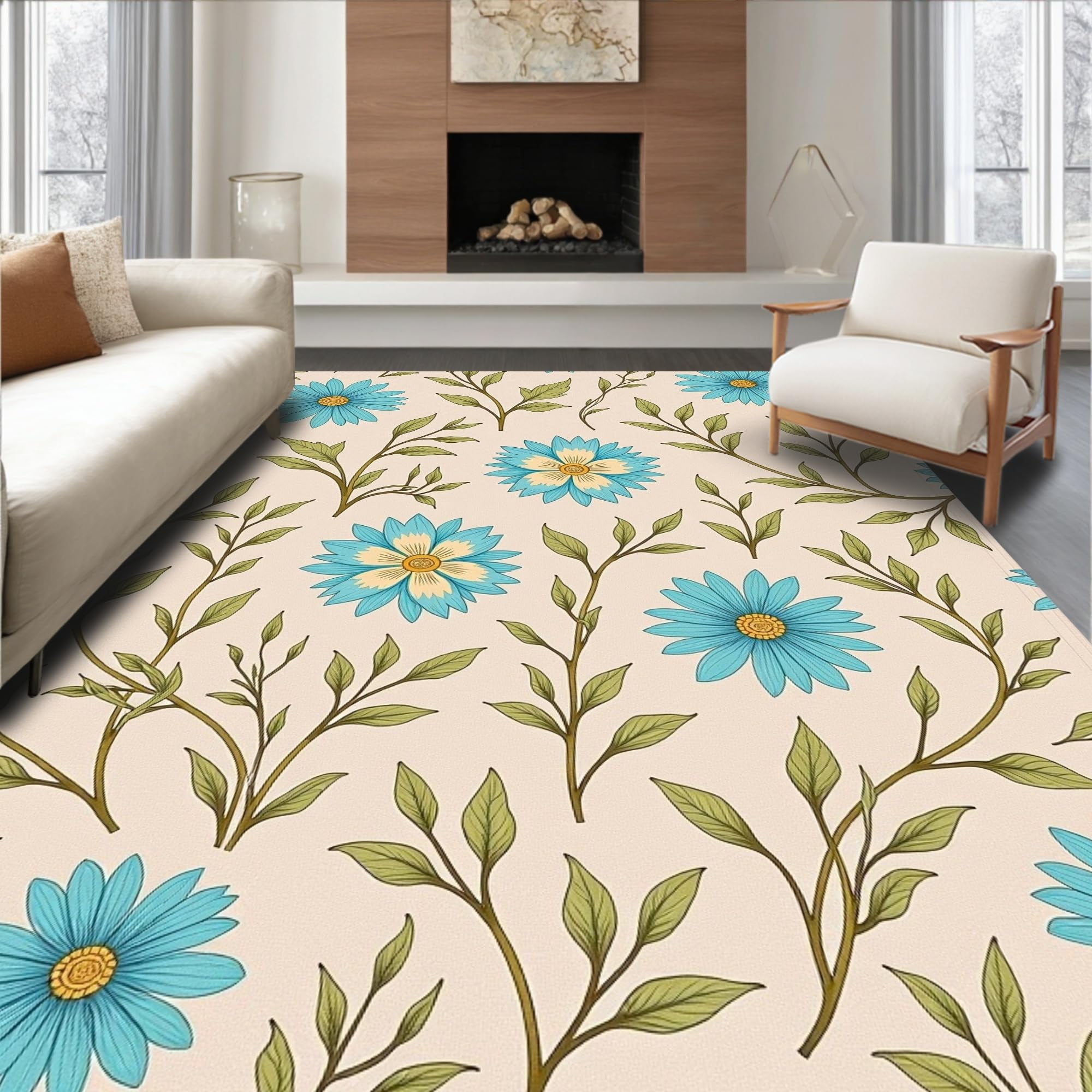 Ultra Soft Area Rug, Azure Bloom Area Floral Canopy Design, Non Slip ...