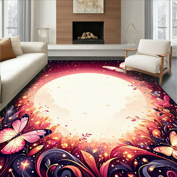 Ultra Soft Area Rug, Ethereal Galaxy Butterfly Sparkle Stars Wreath, Non Slip, Stain Resistant, Washable Area Rugs for Living Room, Bedroom(Pink, 4X6)