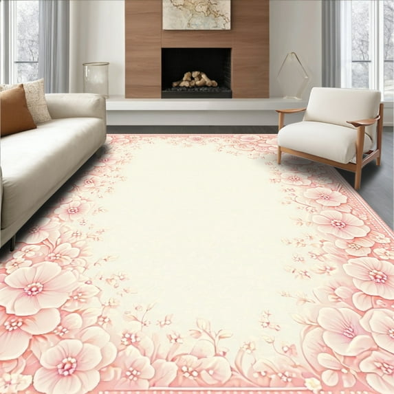 Ultra Soft Area Rug, Floral Burst Circular Ivory Accents, Non Slip, Stain Resistant, Washable Area Rugs for Living Room, Bedroom(Pink, 4X6)