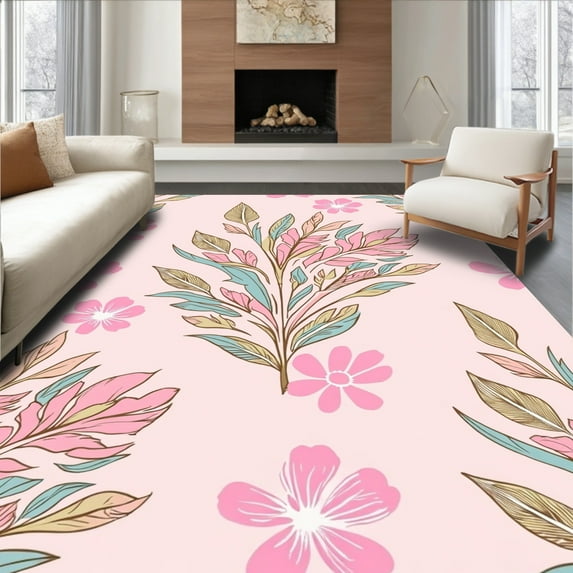 Ultra Soft Area Rug, Peacock Garden Tapestry with Blooming Feather Motif and Delicate Florals, Non Slip, Stain Resistant, Washable Area Rugs for Living Room, Bedroom(Pink, 4X6)