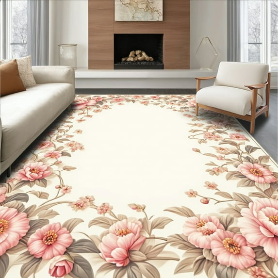 Ultra Soft Area Rug, Pink Floral Round Design, Non Slip, Stain Resistant, Washable Area Rugs for Living Room, Bedroom(Pink, 4X6)