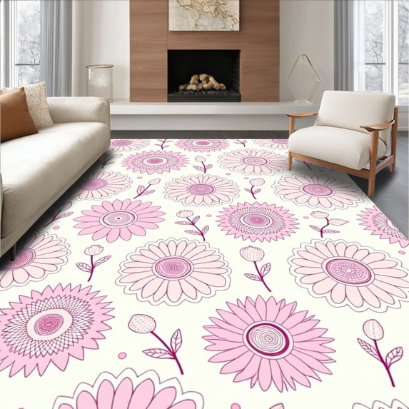ODIKA 4x6 Machine Washable Non-Slip Area Rug, Preppy Petal Mosaic with Interlocking Starburst Blooms and Subtle Leaf Trails Ultra Soft Rug, None, 552527