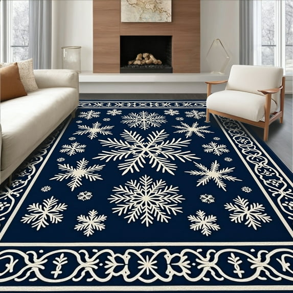 Ultra Soft Area Rug, Elegant Ornate Snowflake Christmas Border Motif, Non Slip, Stain Resistant, Washable Area Rugs for Living Room, Bedroom(Blue, 4X6)