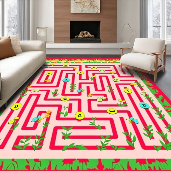 ODIKA 5x7 Machine Washable Non-Slip Area Rug, Interactive Alphabet Garden Maze with Nature Motifs and Numbered Trails Ultra Soft Rug, None, 693052