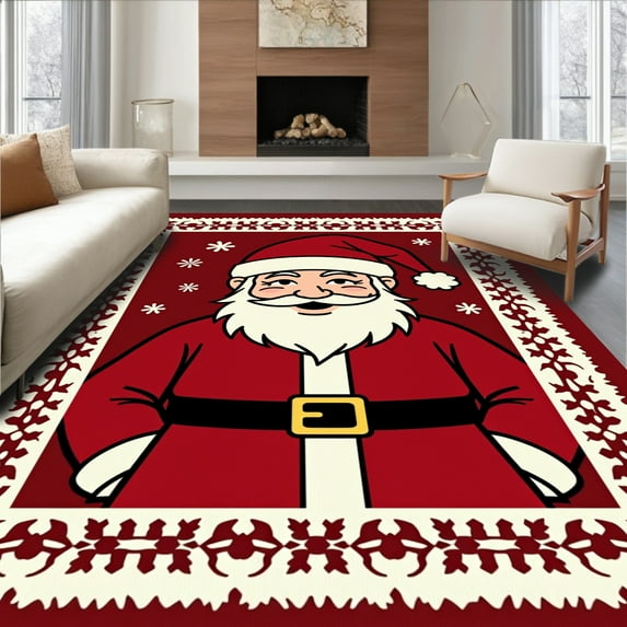 Ultra Soft Area Rug, Whimsical Jolly Santa with Sparkling Snowflakes Christmas Border, Non Slip, Stain Resistant, Washable Area Rugs for Living Room, Bedroom(Red, 5X7)