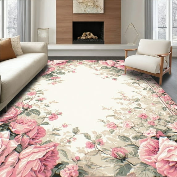 Ultra Soft Area Rug, Luxurious Vintage Inspired Circular Motif, Non Slip, Stain Resistant, Washable Area Rugs for Living Room, Bedroom(Pink, 5X7)