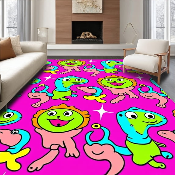 ODIKA 6x6 Machine Washable Non-Slip Area Rug, Colorful Reptile with Smiling Ancient Creatures Ultra Soft Rug, None, 729375
