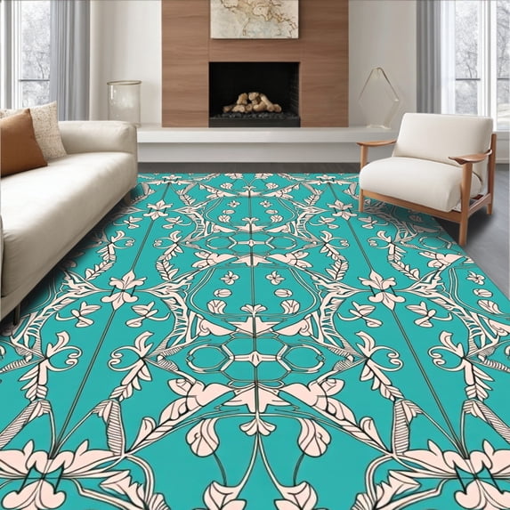 ODIKA 6x9 Machine Washable Non-Slip Area Rug, Chic Boho Latticework with Flourishing Petal Emblems Ultra Soft Rug, None, 533555