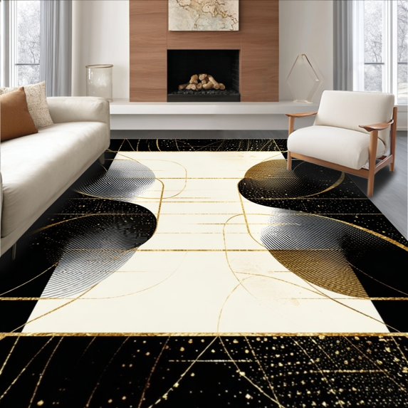 Ultra Soft Area Rug, Contemporary Black Abstract Lines with Gold Highlights, Non Slip, Stain Resistant, Washable Area Rugs for Living Room, Bedroom(Gold, 6X9)