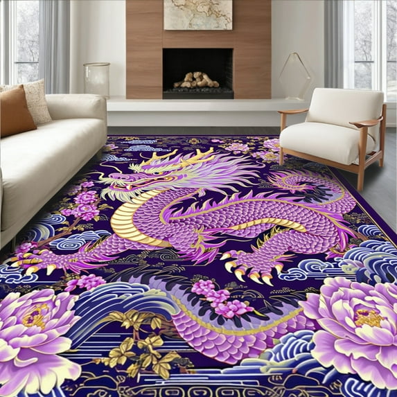 Ultra Soft Area Rug, Dynamic Dragon Dance with Floral Accents, Non Slip, Stain Resistant, Washable Area Rugs for Living Room, Bedroom(Purple, 6X9)