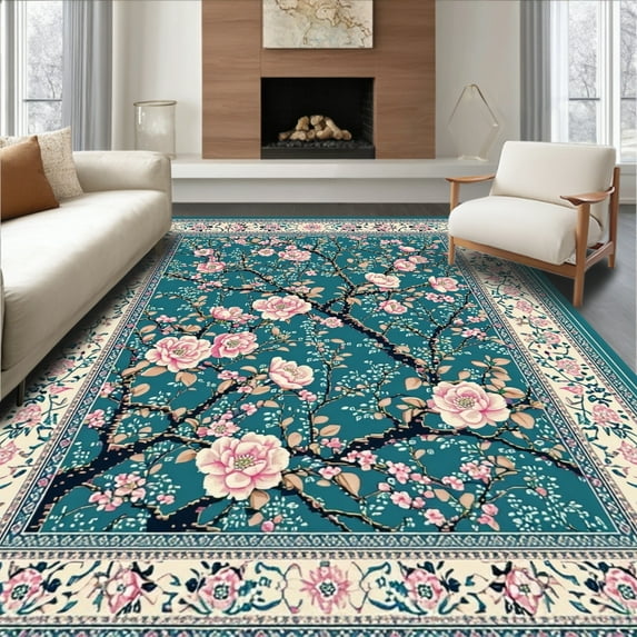 Ultra Soft Area Rug, Floral Teal Door Rug with Cherry Blossom Branch Pattern and Decorative Accents, Non Slip, Stain Resistant, Washable Area Rugs for Living Room, Bedroom(Blue, 6X9)