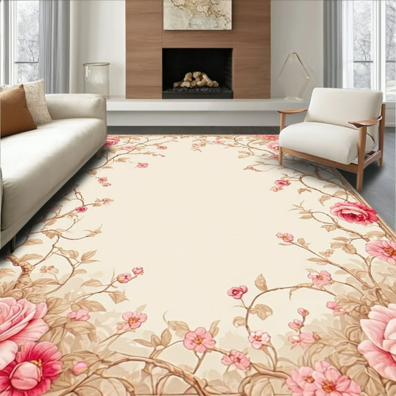 Ultra Soft Area Rug, Vintage Inspired Rosette and Vine Motif with Pastel Detail, Non Slip, Stain Resistant, Washable Area Rugs for Living Room, Bedroom(Beige, 6X9)